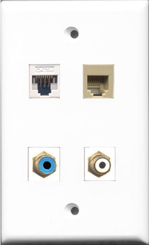 RiteAV 1 Port RCA White and 1 Port RCA Blue and 1 Port Phone RJ11 RJ12 Beige and 1 Port Cat5e Ethernet White Wall Plate