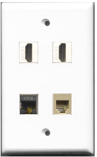 RiteAV - 2 Port HDMI 1 Port Phone RJ11 RJ12 Beige 1 Port Shielded Cat6 Ethernet Wall Plate