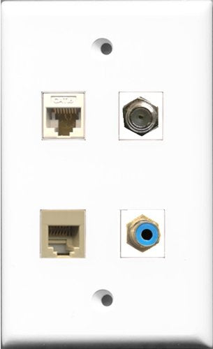 RiteAV 1 Port RCA Blue and 1 Port Coax Cable TV- F-Type and 1 Port Phone RJ11 RJ12 Beige and 1 Port Cat6 Ethernet White Wall Plate