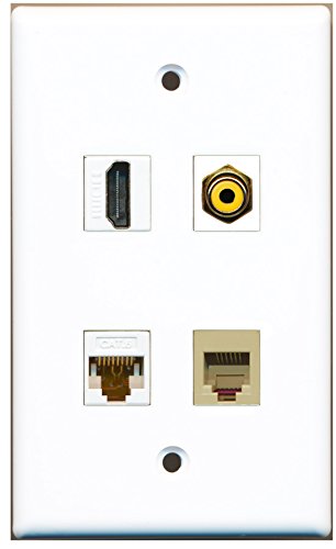 RiteAV - 1 Port HDMI 1 Port RCA Yellow 1 Port Phone RJ11 RJ12 Beige 1 Port Cat6 Ethernet White Wall Plate