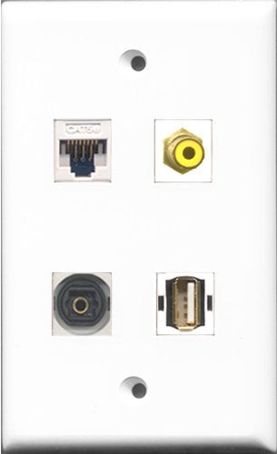RiteAV 1 Port RCA Yellow and 1 Port USB A-A and 1 Port Toslink and 1 Port Cat5e Ethernet White Wall Plate