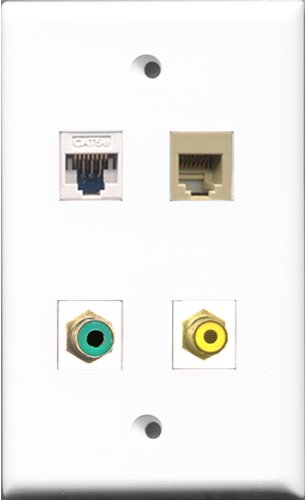 RiteAV 1 Port RCA Yellow and 1 Port RCA Green and 1 Port Phone RJ11 RJ12 Beige and 1 Port Cat5e Ethernet White Wall Plate