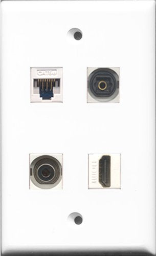 RiteAV 1 Port HDMI and 1 Port Toslink and 1 Port 3.5mm and 1 Port Cat5e Ethernet White Wall Plate