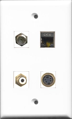 RiteAV 1 Port RCA White and 1 Port Coax Cable TV- F-Type and 1 Port S-Video and 1 Port Shielded Cat6 Ethernet Wall Plate