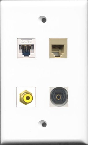 RiteAV 1 Port RCA Yellow and 1 Port Phone RJ11 RJ12 Beige and 1 Port Toslink and 1 Port Cat5e Ethernet White Wall Plate