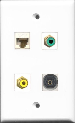 RiteAV 1 Port RCA Yellow and 1 Port RCA Green and 1 Port Toslink and 1 Port Cat6 Ethernet White Wall Plate