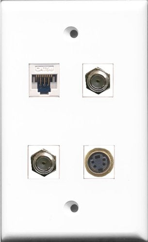 RiteAV - 2 Port Coax Cable TV- F-Type and 1 Port S-Video and 1 Port Cat5e Ethernet White Wall Plate