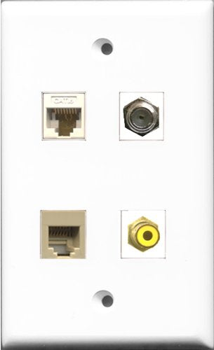 RiteAV 1 Port RCA Yellow and 1 Port Coax Cable TV- F-Type and 1 Port Phone RJ11 RJ12 Beige and 1 Port Cat6 Ethernet White Wall Plate