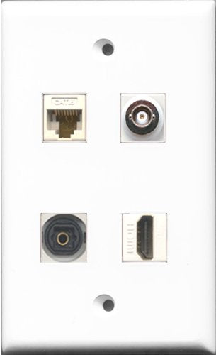 RiteAV 1 Port HDMI and 1 Port Toslink and 1 Port BNC and 1 Port Cat6 Ethernet White Wall Plate