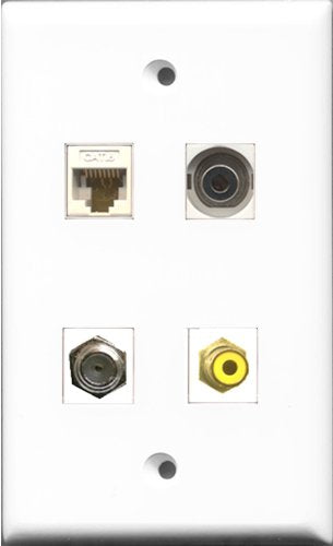 RiteAV 1 Port RCA Yellow and 1 Port Coax Cable TV- F-Type and 1 Port 3.5mm and 1 Port Cat6 Ethernet White Wall Plate