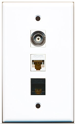 RiteAV - 1 Port BNC and 1 Port Cat6 Ethernet White and 1 Port Cat6 Ethernet Black Wall Plate