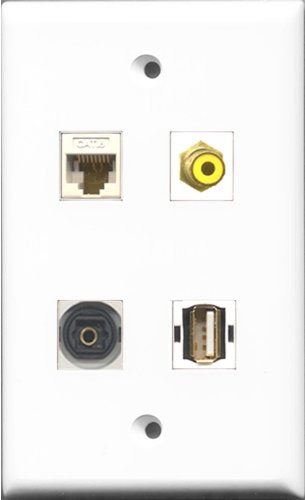 RiteAV 1 Port RCA Yellow and 1 Port USB A-A and 1 Port Toslink and 1 Port Cat6 Ethernet White Wall Plate