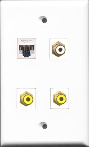 RiteAV 1 Port RCA White 2 Port RCA Yellow and 1 Port Cat5e Ethernet White Wall Plate