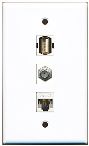 RiteAV - 1 Port Coax Cable TV- F-Type and 1 Port USB A-A and 1 Port Cat5e Ethernet White Wall Plate