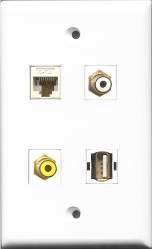 RiteAV 1 Port RCA White and 1 Port RCA Yellow and 1 Port USB A-A and 1 Port Cat6 Ethernet White Wall Plate