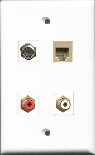 RiteAV 1 Port RCA Red and 1 Port RCA White and 1 Port Coax Cable TV- F-Type and 1 Port Phone RJ11 RJ12 Beige Wall Plate
