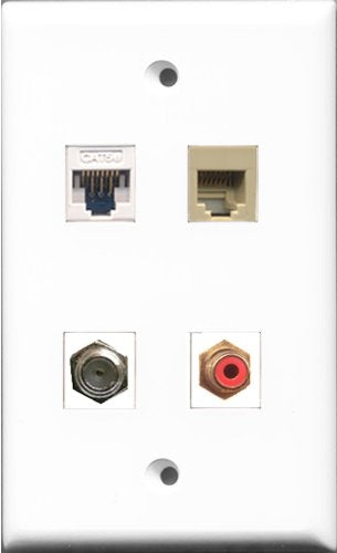 RiteAV 1 Port RCA Red and 1 Port Coax Cable TV- F-Type and 1 Port Phone RJ11 RJ12 Beige and 1 Port Cat5e Ethernet White Wall Plate