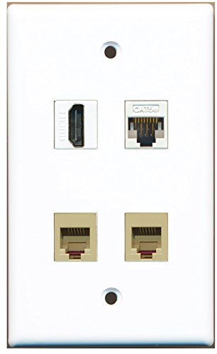 RiteAV - 1 Port HDMI 2 Port Phone RJ11 RJ12 Beige 1 Port Cat5e Ethernet White Wall Plate