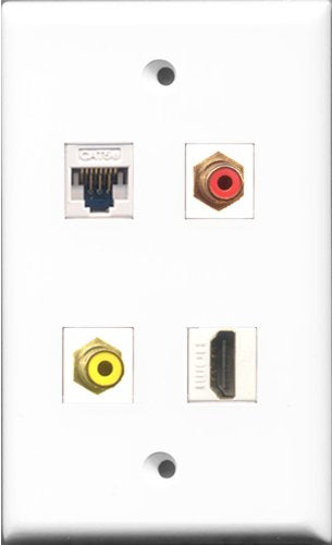 RiteAV 1 Port HDMI and 1 Port RCA Red and 1 Port RCA Yellow and 1 Port Cat5e Ethernet White Wall Plate