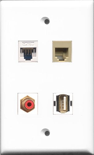 RiteAV 1 Port RCA Red and 1 Port USB A-A and 1 Port Phone RJ11 RJ12 Beige and 1 Port Cat5e Ethernet White Wall Plate