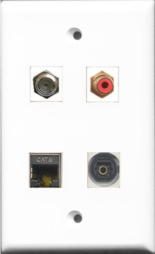RiteAV 1 Port RCA Red and 1 Port Coax Cable TV- F-Type and 1 Port Shielded Cat6 Ethernet and 1 Port Toslink Wall Plate