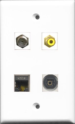 RiteAV 1 Port RCA Yellow and 1 Port Coax Cable TV- F-Type and 1 Port Shielded Cat6 Ethernet and 1 Port Toslink Wall Plate