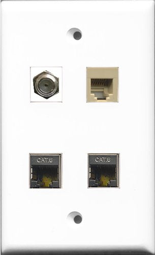 RiteAV 1 Port Coax Cable TV- F-Type and 1 Port Phone RJ11 RJ12 Beige 2 Port Shielded Cat6 Ethernet Wall Plate