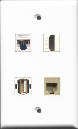 RiteAV 1 Port HDMI and 1 Port USB A-A and 1 Port Phone RJ11 RJ12 Beige and 1 Port Cat5e Ethernet White Wall Plate