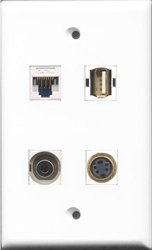 RiteAV 1 Port USB A-A and 1 Port S-Video and 1 Port 3.5mm and 1 Port Cat5e Ethernet White Wall Plate