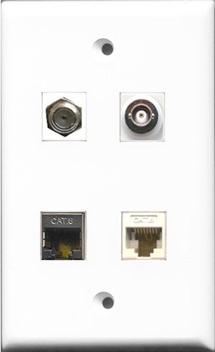 RiteAV 1 Port Coax Cable TV- F-Type and 1 Port Shielded Cat6 Ethernet and 1 Port BNC and 1 Port Cat6 Ethernet White Wall Plate