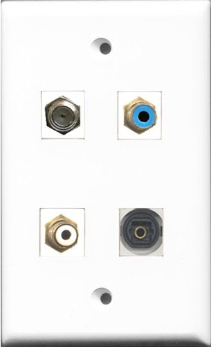 RiteAV 1 Port RCA White and 1 Port RCA Blue and 1 Port Coax Cable TV- F-Type and 1 Port Toslink Wall Plate