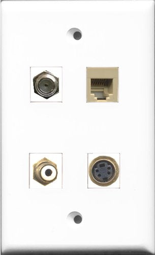 RiteAV 1 Port RCA White and 1 Port Coax Cable TV- F-Type and 1 Port Phone RJ11 RJ12 Beige and 1 Port S-Video Wall Plate
