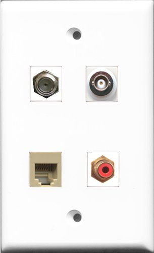 RiteAV 1 Port RCA Red and 1 Port Coax Cable TV- F-Type and 1 Port Phone RJ11 RJ12 Beige and 1 Port BNC Wall Plate