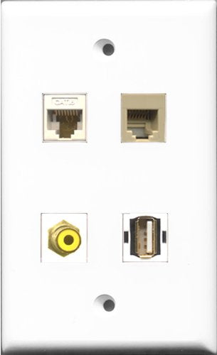 RiteAV 1 Port RCA Yellow and 1 Port USB A-A and 1 Port Phone RJ11 RJ12 Beige and 1 Port Cat6 Ethernet White Wall Plate