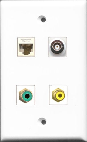 RiteAV 1 Port RCA Yellow and 1 Port RCA Green and 1 Port BNC and 1 Port Cat6 Ethernet White Wall Plate