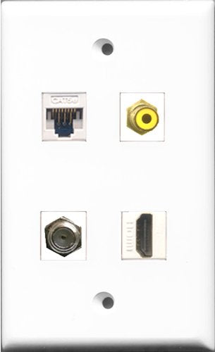 RiteAV 1 Port HDMI and 1 Port RCA Yellow and 1 Port Coax Cable TV- F-Type and 1 Port Cat5e Ethernet White Wall Plate