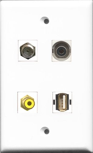 RiteAV 1 Port RCA Yellow and 1 Port Coax Cable TV- F-Type and 1 Port USB A-A and 1 Port 3.5mm Wall Plate