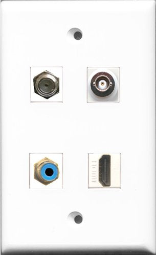 RiteAV 1 Port HDMI and 1 Port RCA Blue and 1 Port Coax Cable TV- F-Type and 1 Port BNC Wall Plate