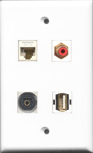 RiteAV 1 Port RCA Red and 1 Port USB A-A and 1 Port Toslink and 1 Port Cat6 Ethernet White Wall Plate
