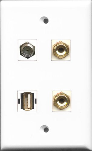 RiteAV 1 Port Coax Cable TV- F-Type and 1 Port USB A-A 2 Port Banana Speaker Wall Plate