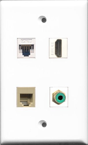 RiteAV - 1 Port HDMI and 1 Port RCA Green and 1 Port Phone RJ11 RJ12 Beige and 1 Port Cat5e Ethernet White Wall Plate