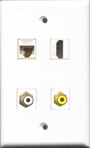 RiteAV 1 Port HDMI and 1 Port RCA White and 1 Port RCA Yellow and 1 Port Cat6 Ethernet White Wall Plate