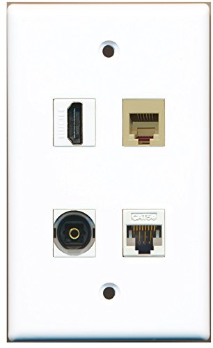 RiteAV - 1 Port HDMI 1 Port Phone RJ11 RJ12 Beige 1 Port Toslink 1 Port Cat5e Ethernet White Wall Plate