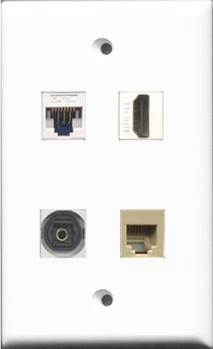 RiteAV 1 Port HDMI and 1 Port Phone RJ11 RJ12 Beige and 1 Port Toslink and 1 Port Cat5e Ethernet White Wall Plate