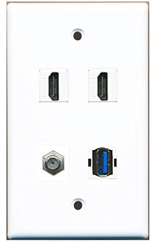 RiteAV 2 HDMI 1 Coax Cable TV F Type and 1 USB 3.0 A-A Wall Plate White