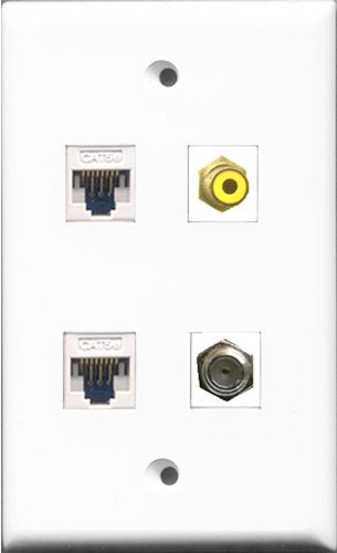 RiteAV 1 Port RCA Yellow and 1 Port Coax Cable TV- F-Type 2 Port Cat5e Ethernet White Wall Plate