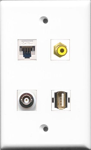 RiteAV 1 Port RCA Yellow and 1 Port USB A-A and 1 Port BNC and 1 Port Cat5e Ethernet White Wall Plate