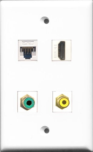 RiteAV - 1 Port HDMI and 1 Port RCA Yellow and 1 Port RCA Green and 1 Port Cat5e Ethernet White Wall Plate