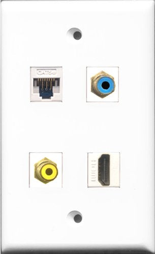 RiteAV 1 Port HDMI and 1 Port RCA Yellow and 1 Port RCA Blue and 1 Port Cat5e Ethernet White Wall Plate