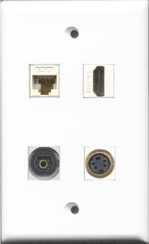 RiteAV 1 Port HDMI and 1 Port S-Video and 1 Port Toslink and 1 Port Cat6 Ethernet White Wall Plate